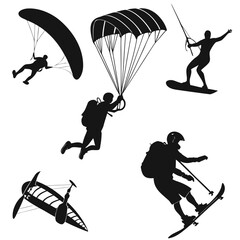 Silhouettes of extreme sports participants paragliding wakeboarding and skiing © RABBY