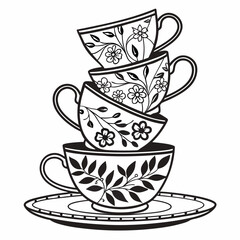 Stacked Decorative Tea Cups with Floral Designs teacup