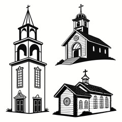 Three Church Silhouettes with Architectural Details on White