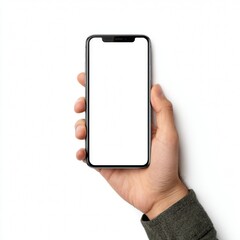 A hand holding a modern smartphone with a blank screen, perfect for showcasing apps, websites, or designs.