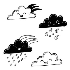 Various cartoon clouds with weather effects rain wind