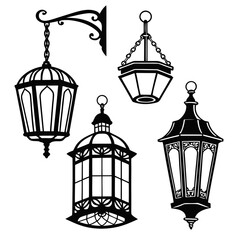 Vintage Hanging Lantern Silhouettes Set lamp light