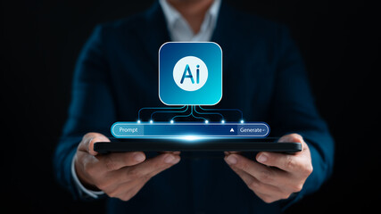 AI prompt generate concept showing businessman holding tablet with artificial intelligence app...