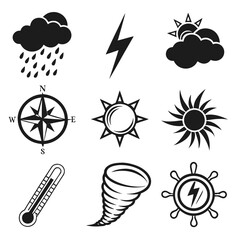 Weather Icons Set With Sun Clouds Rain Lightning And Thermometer Keywords: weather, icon, set