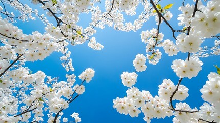 Blooming white cherry blossoms against a clear blue sky viewed from below on sunny day