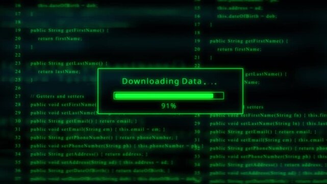 Computer screen displaying downloading data progress bar with green code in background Keywords: computer, screen, downloading, data, progress, bar, loading, software, technology, digital