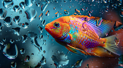 Fototapeta premium A colorful ornamental fish peers through a glass with water droplets