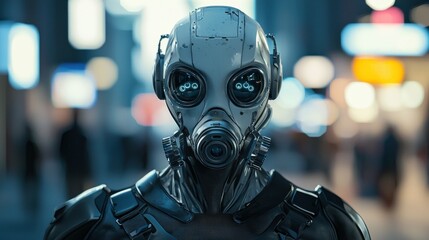 Cyberpunk City: Futuristic Robot in Gas Mask