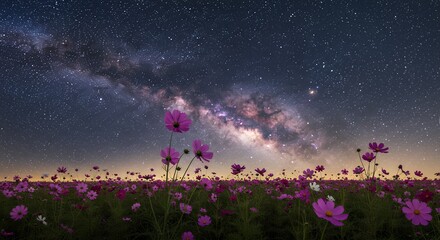 Milky way over pink cosmos field
