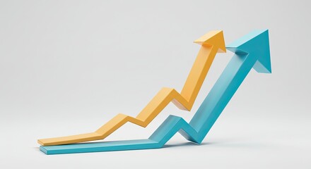 Two 3D arrows, one orange and one blue, rising upwards and to the right, symbolizing growth and positive trends.