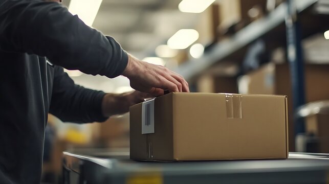 A close-up of an employee attaching a printed shipping label to a box at a warehouse packing table