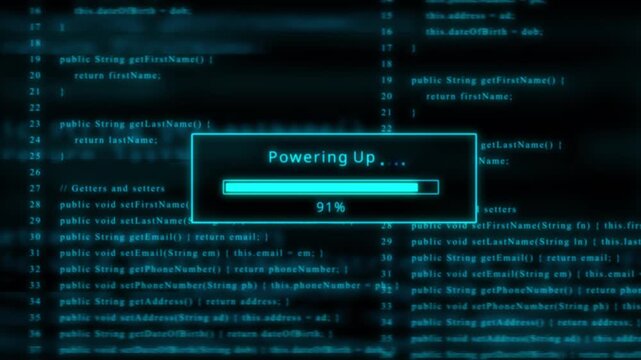Teal Powering Up Progress Bar on a Background of Computer Code loading programming
