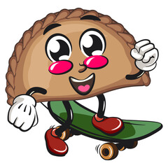 cute empanada mascot character vector illustration playing skateboarding, work of hand drawn