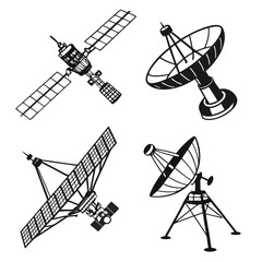 Black silhouette icons of satellites and dish antennas