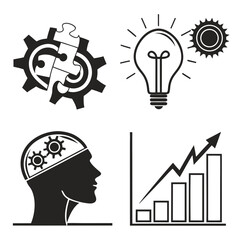 Business concept icons including gears puzzle lightbulb and graph