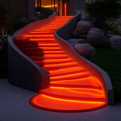 Curved outdoor stairs illuminated in vibrant red light.  Night scene.  Modern design.  Stone landscaping