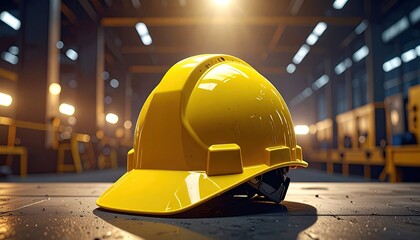 Yellow Hardhat in Industrial Setting with Glowing Spotlights Cinematic HDR Photography