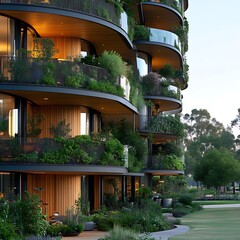 Curved residential building with extensive green balconies