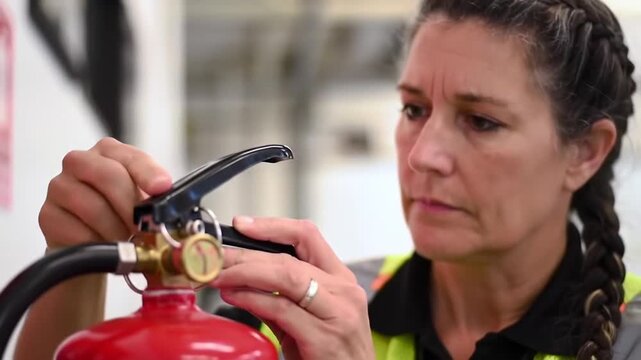 Woman Inspecting Fire Extinguisher Safety Equipment in Workplace Environment.