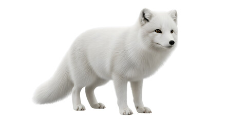 A full body shot of an arctic fox standing against a black background looking to the right
