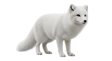 A full body shot of an arctic fox standing against a black background looking to the right