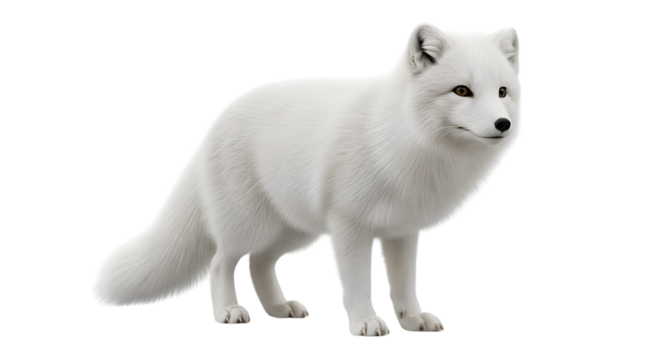 A full body shot of an arctic fox standing against a black background looking to the right