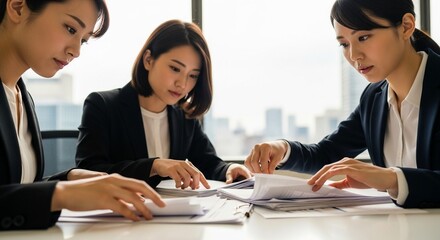 Obraz premium チームワーク：三人一組のチームで協力して紙資料を仕分けしている日本人女性社員