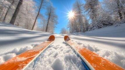 The brightly colored skis are tilted up in the snow, splashing long streams of snow, ready to rush down the slope, which is absolutely stunning