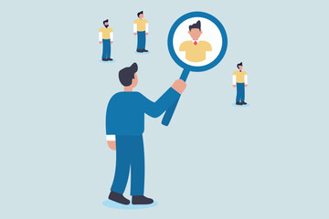 Man using a magnifying glass to examine and select one person from a group of people