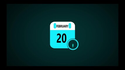 February month calendar animation on black background. Animated calendar icon showing the date february 20th. Digital calendar design icon animation 4k video