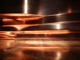 Abstract view of stacked copper plates with light reflections