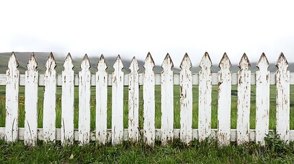 Distressed white picket fence with chipping paint and mountain backdrop on overcast day