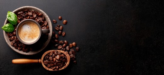 Aromatic coffee cup with roasted beans on dark background with copy space, perfect for cafes and coffee shops promoting their products