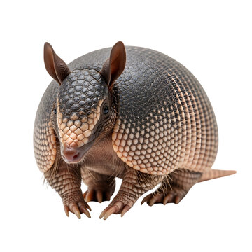 Close up shot of an armadillo with its armored shell and small ears against a black background