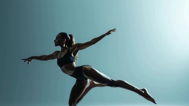 Cinematic slow motion of athletic female dancer leaping gracefully in mid-air with strong pose, minimal blue background, fitness and dance lifestyle commercial, 4K ultra-realistic footage