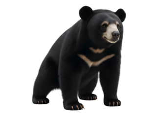 A sun bear standing with a black coat and a cream colored patch on its chest on a black background