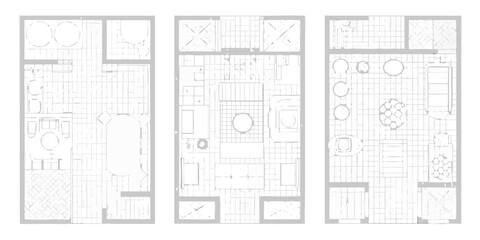 Minimalist architectural floor plans of three distinct interior spaces with furniture layout and room divisions