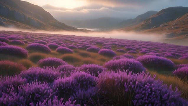 Vast field of purple heather in a misty mountain valley at sunrise