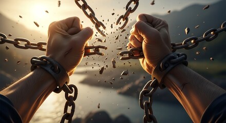 Hands Breaking Chains at Sunset in Dramatic Action Scene