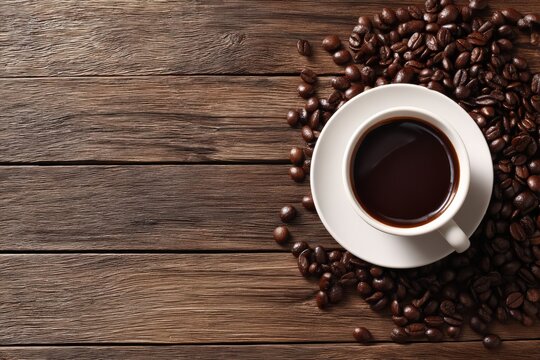 White cup full of coffee resting on rustic wooden table with roasted coffee beans scattered around, ideal for cafes and coffee shops