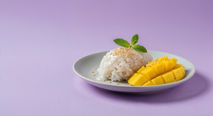 Delicious and Creamy Coconut Sticky Rice with Fresh Slices of Mango on a Soft Purple Background