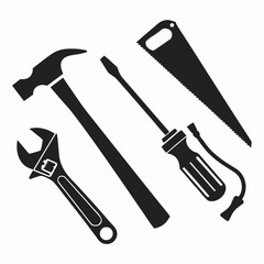 Set of four black silhouette tools on white background Keywords: tools, hardware, repair