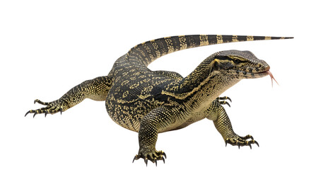 Naklejka premium A monitor lizard with its tongue sticking out against a black background in a studio shot