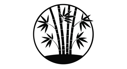 Simple black and white circular graphic of bamboo plants.