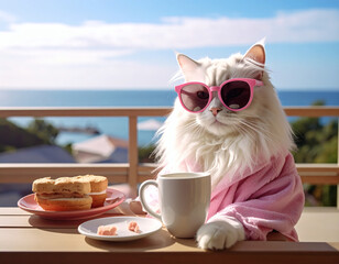 A luxurious morning scene. A well-groomed cat in a bathrobe and sunglasses sips coffee on a veranda, enjoying life and a beautiful seascape.
