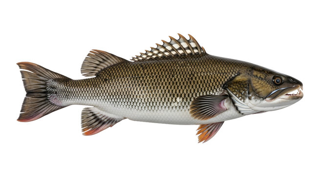 A detailed side view of a tigerfish with sharp teeth against a plain black background in studio lighting