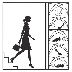 Woman walking past display of shoes on shelves silhouette