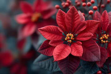 Red poinsettia Christmas background. Flowers Christmas star close-up. Traditional Xmas winter festive flowers.