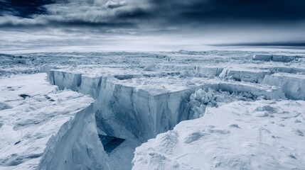Fototapeta premium Vast ice formations and deep crevasses in a polar glacial landscape under a stormy sky