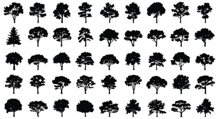 A collection of forty-two black silhouette tree illustrations arranged in rows on a white background, showcasing various tree types and shapes.